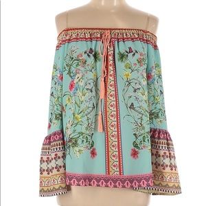UMGEE Boho Off Shoulder Top Mint Colorful Floral
Print & Bell Sleeves Medium NEW